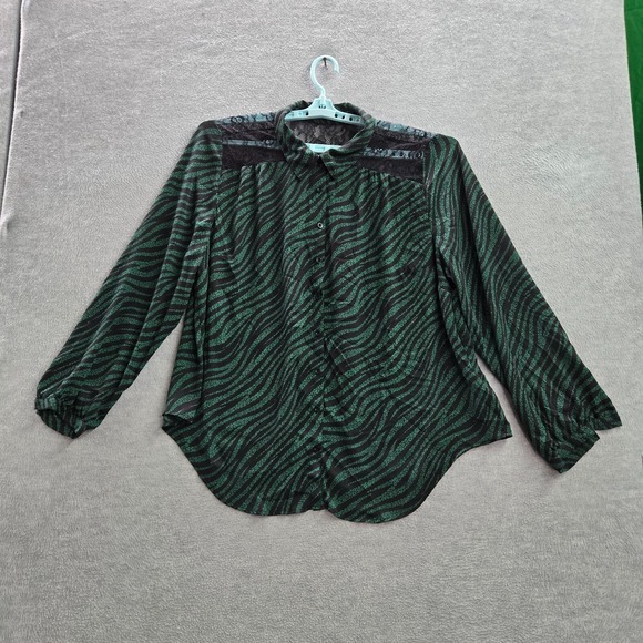 TORRID Women Top 2 Green Zebra Print Blouse Floral Lace Button Up Long Sleeve - Picture 1 of 10